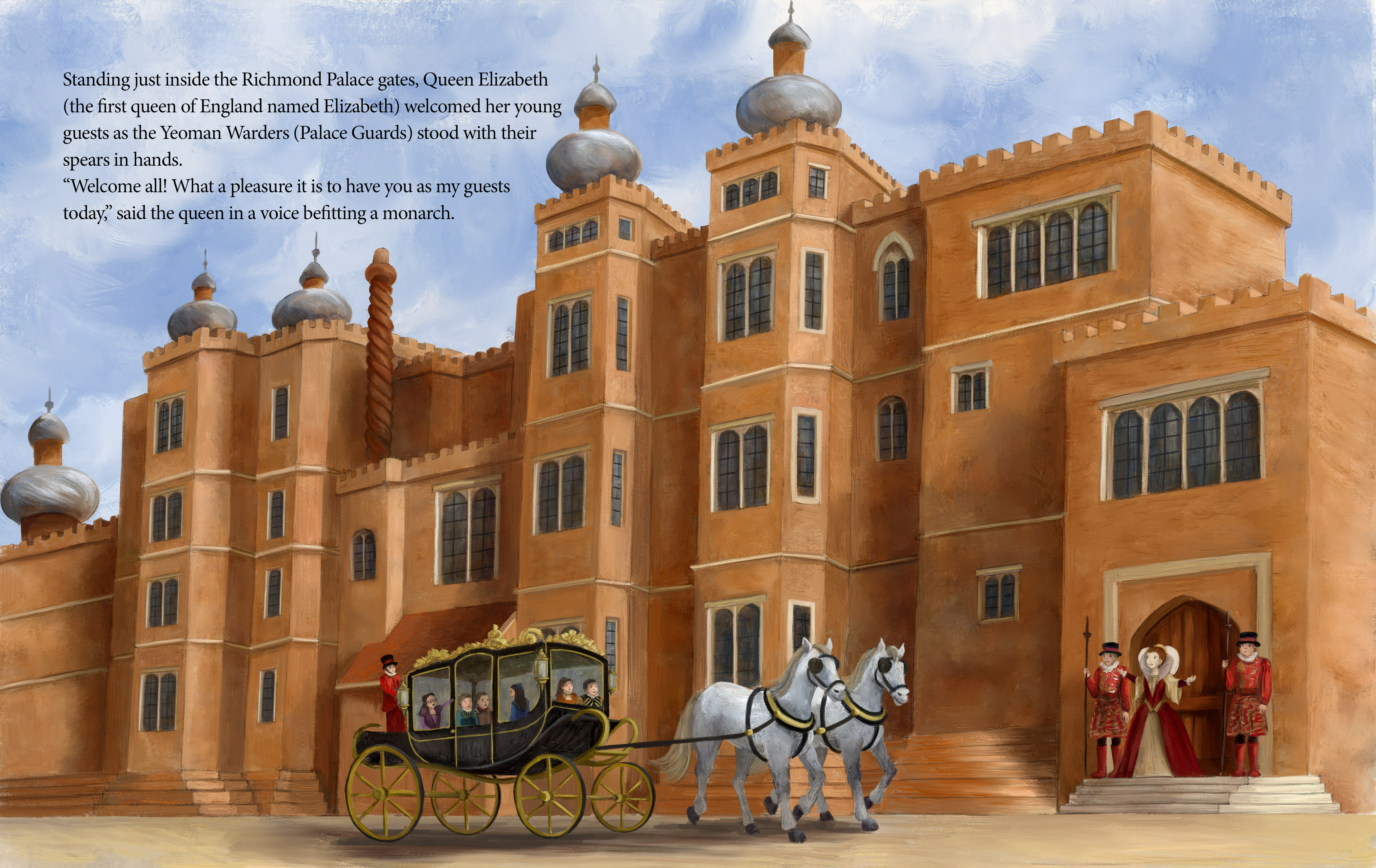 Two-page spread of Richmond Palace with Queen Elizabeth I's carriage arriving, from 'A Globe Within a Globe'.